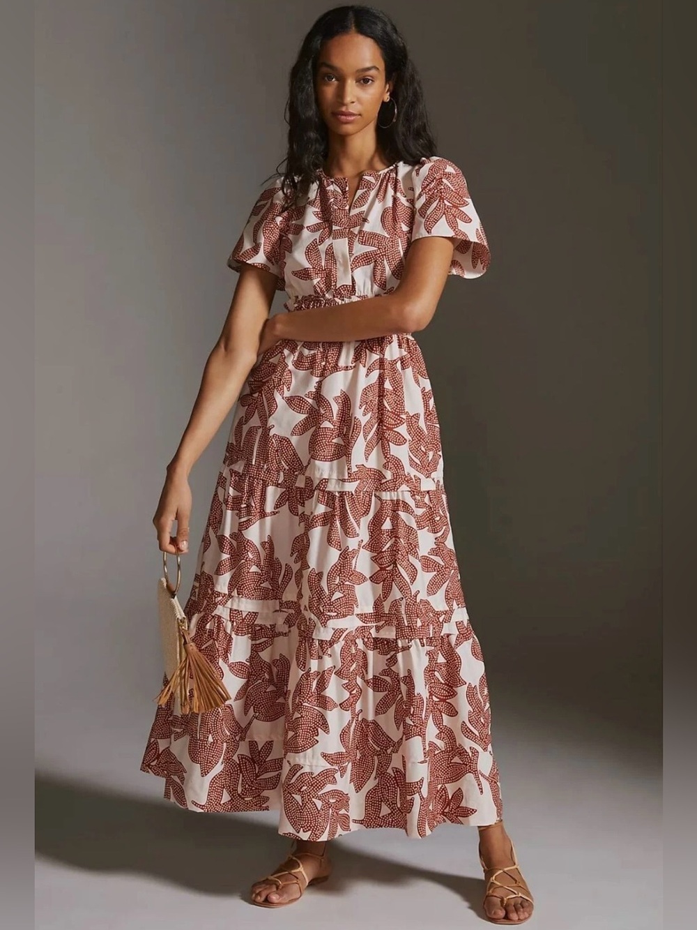 Anthropologie Somerset Maxi in Neutral Dotted Floral Cotton Tiered Dress XXS